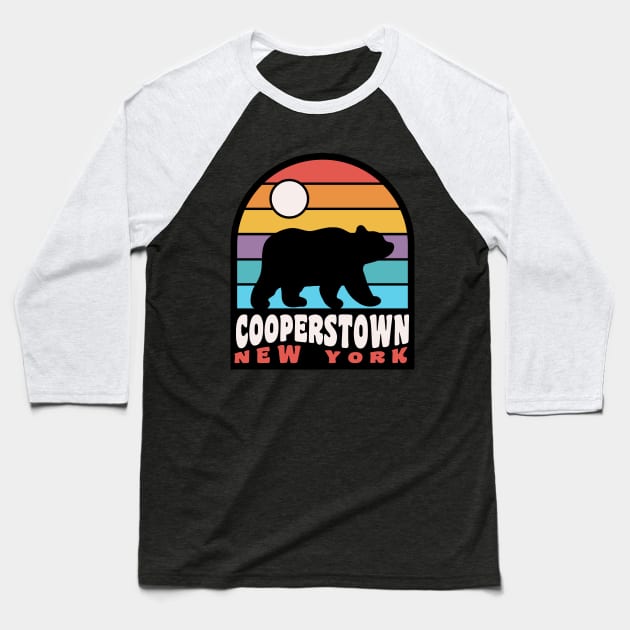 Cooperstown New York Bear Bear Retro Sunset Baseball T-Shirt by PodDesignShop